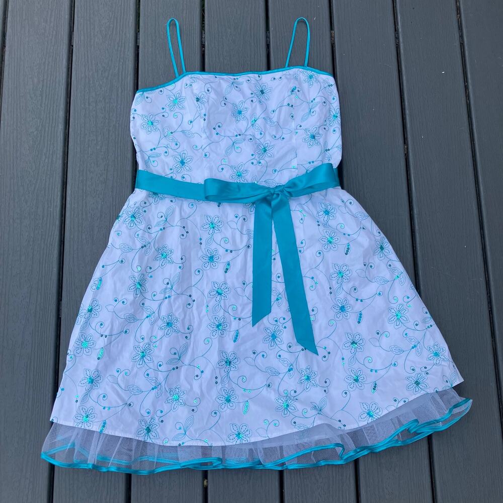 White and blue floral sequin embroidered dress fairycore cottagecore bohemian